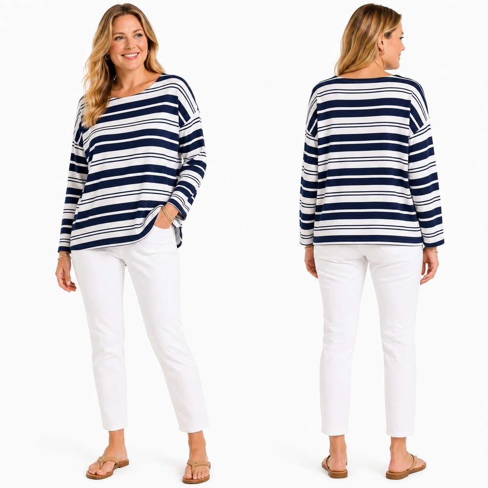 Golden Touch Top Women 24W Navy Striped Crew‎ Neck Long Sleeve Relaxed Nautical